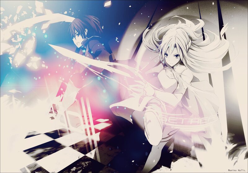 Anime Characters in Combat — White, Dramatic, Digital Art, Swords