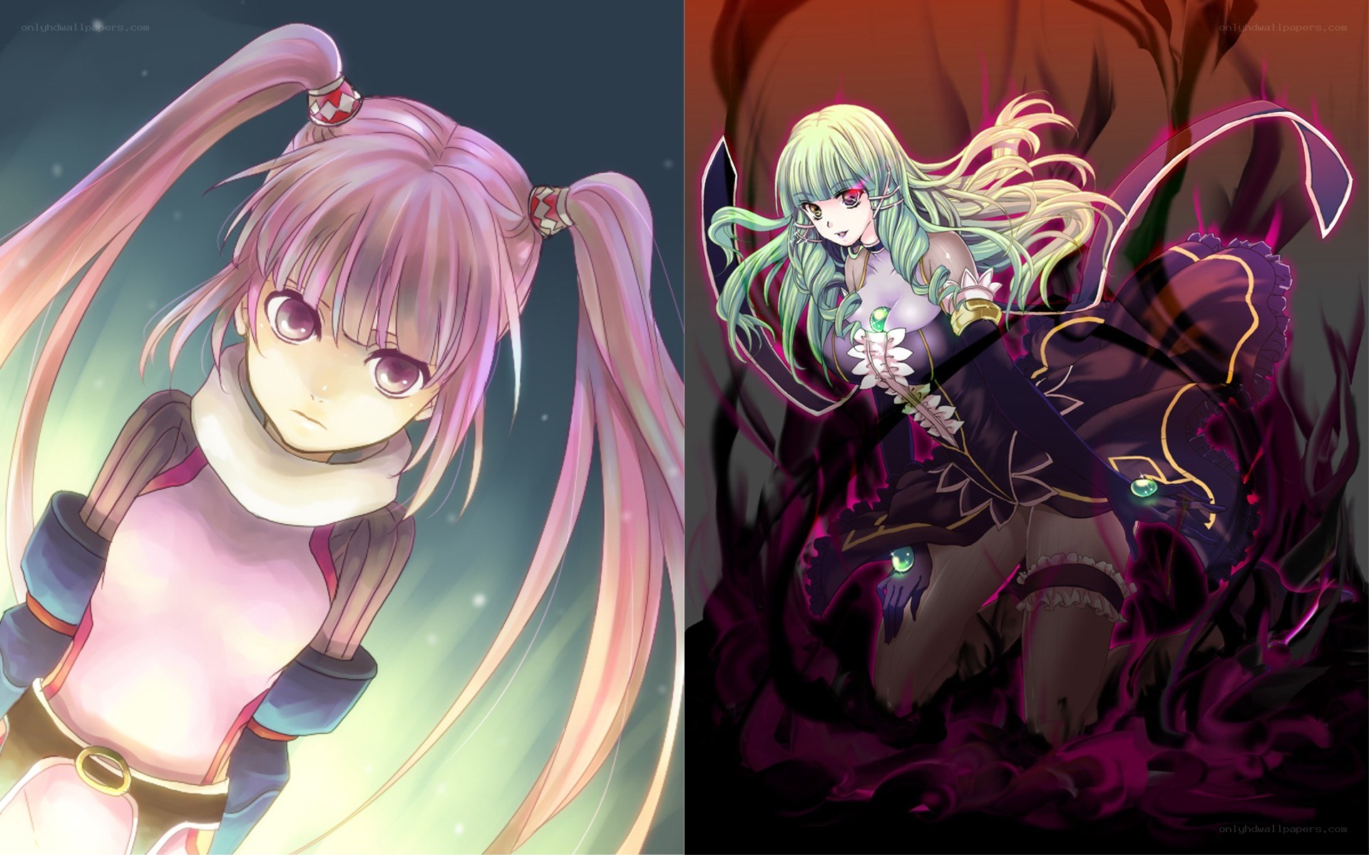 Anime characters in contrasting scenes