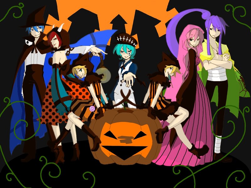 Anime Characters in Costumes — Black, Festive, Night, Digital Art, Pumpkin