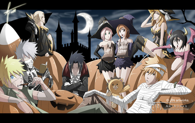 Anime Characters in Costumes — Black, Festive, Night