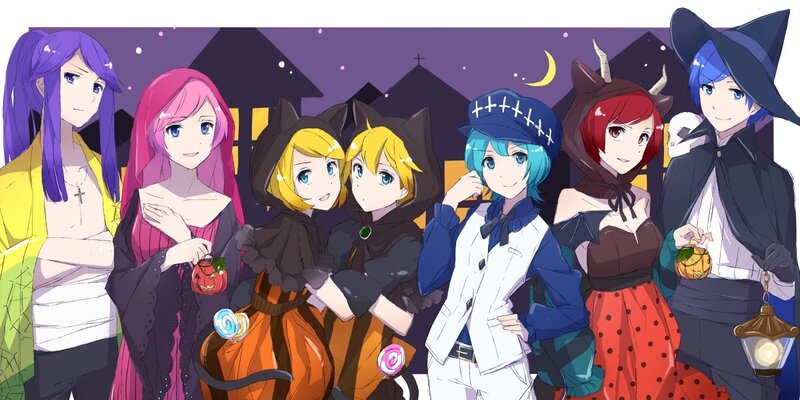 Anime Characters in Costumes — Purple, Festive, Night, Digital Art, Candy