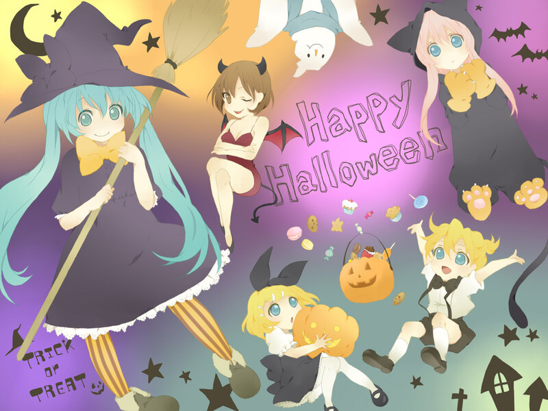 Anime Characters in Costumes — Purple, Festive, Night, Digital Art, Witch