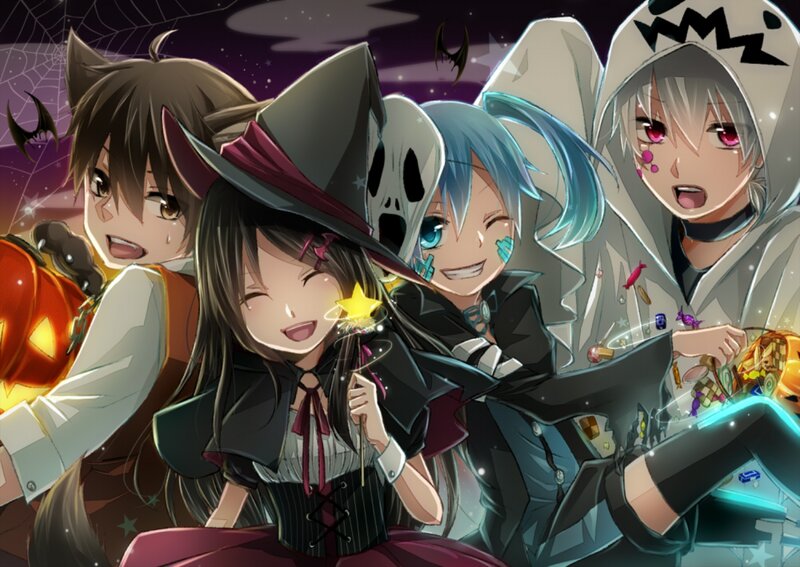 Anime Characters in Costumes — Purple, Festive, Night, Halloween