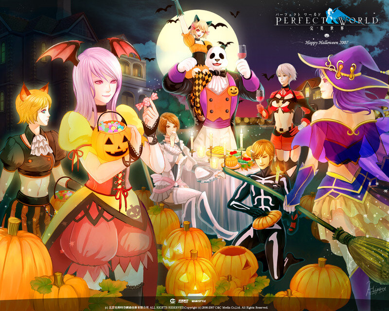 Anime Characters in Costumes — Purple, Festive, Night