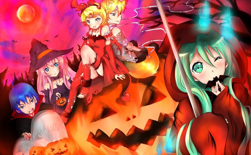 Anime Characters in Costumes — Red, Dramatic, Night