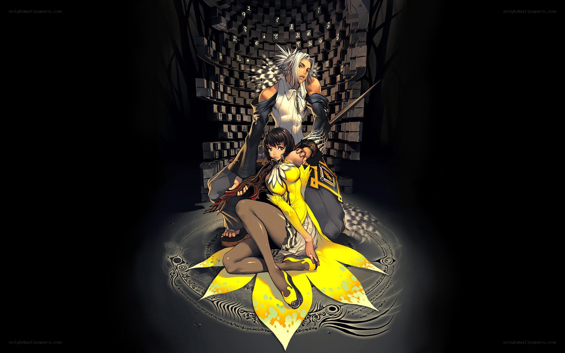anime characters in dark chamber