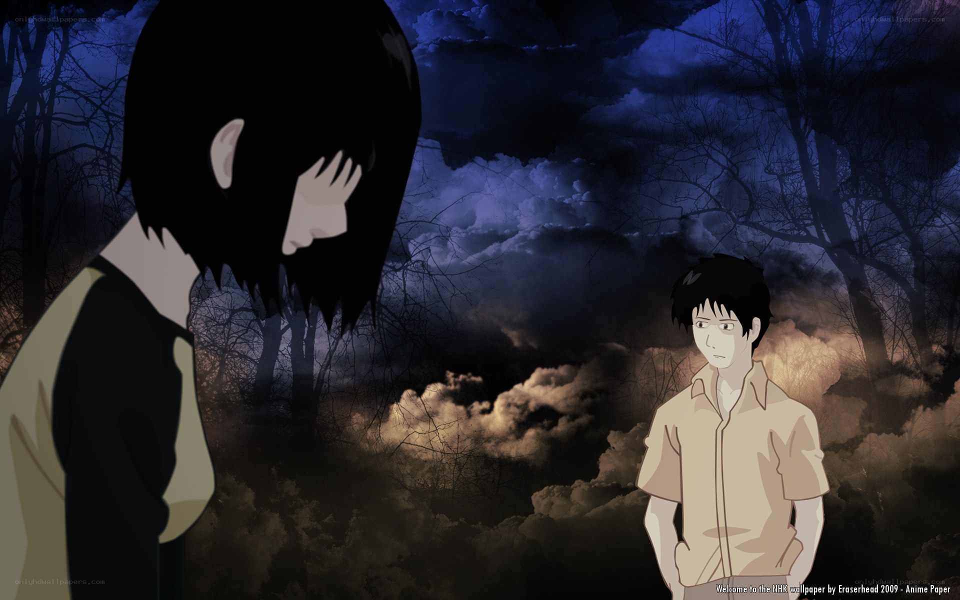 Anime characters in dark forest