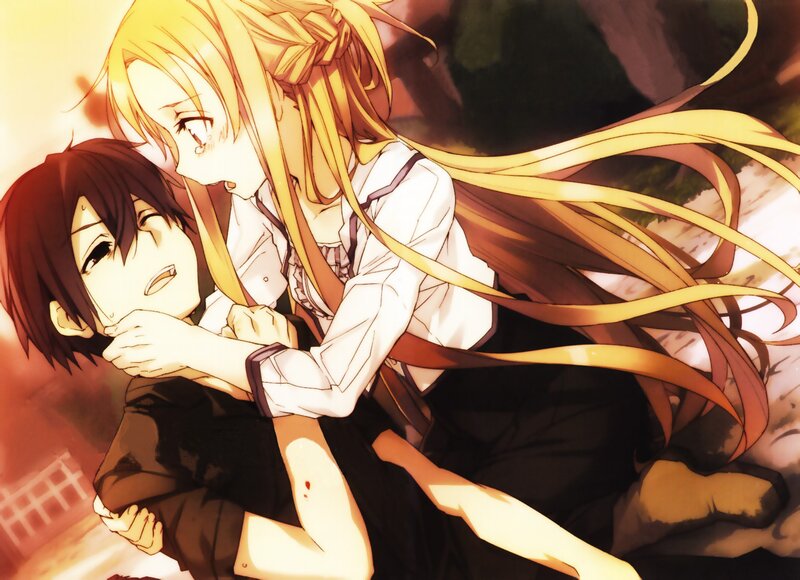 Anime characters in emotional embrace