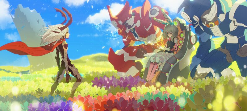 Anime Characters in Field — Blue, Dramatic, Afternoon