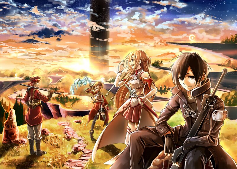 Anime Characters in Field — Orange, Dramatic, Sunset