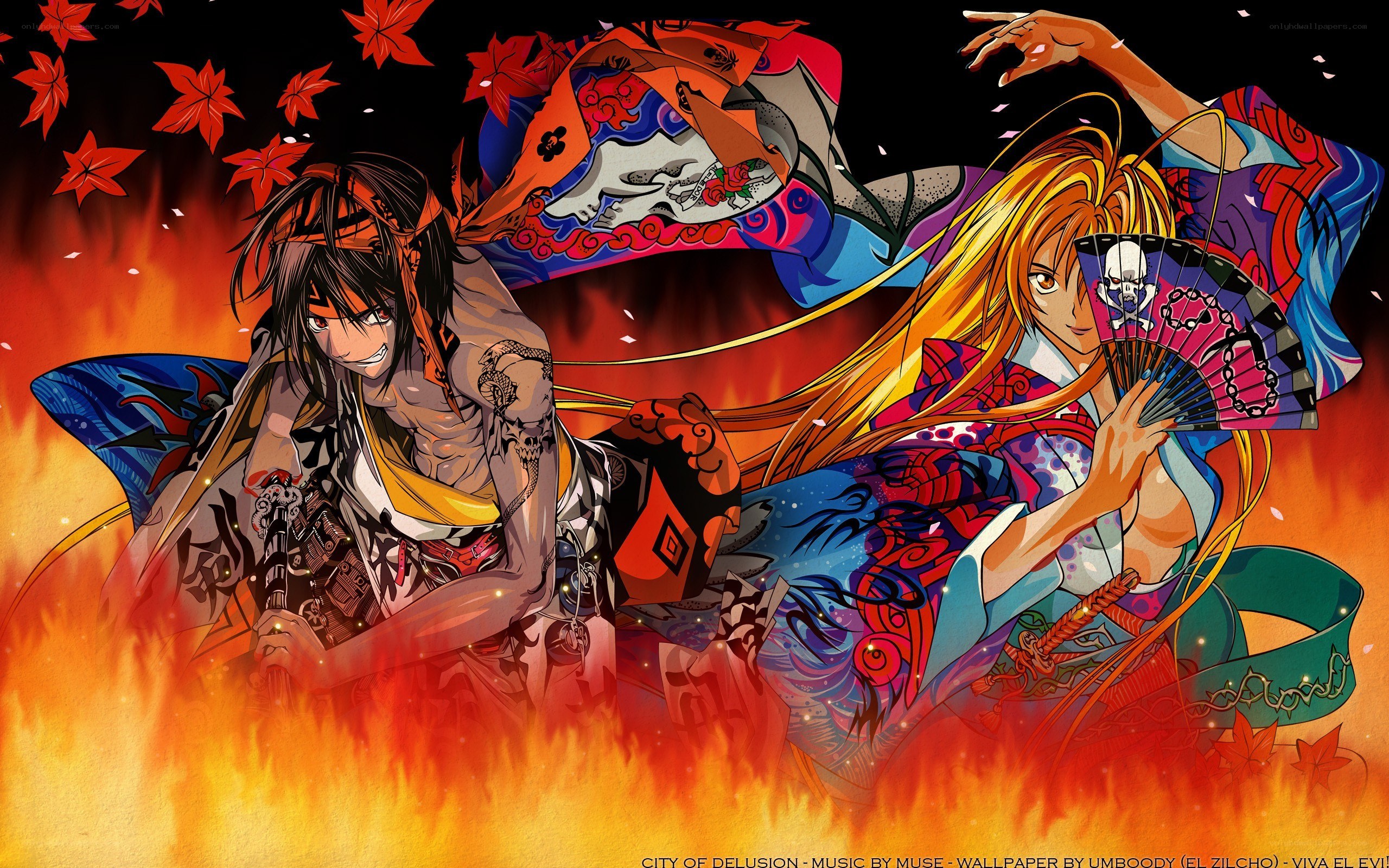 Anime characters in fiery scene
