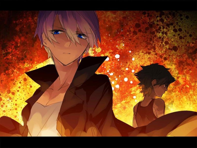 Anime characters in fiery scene