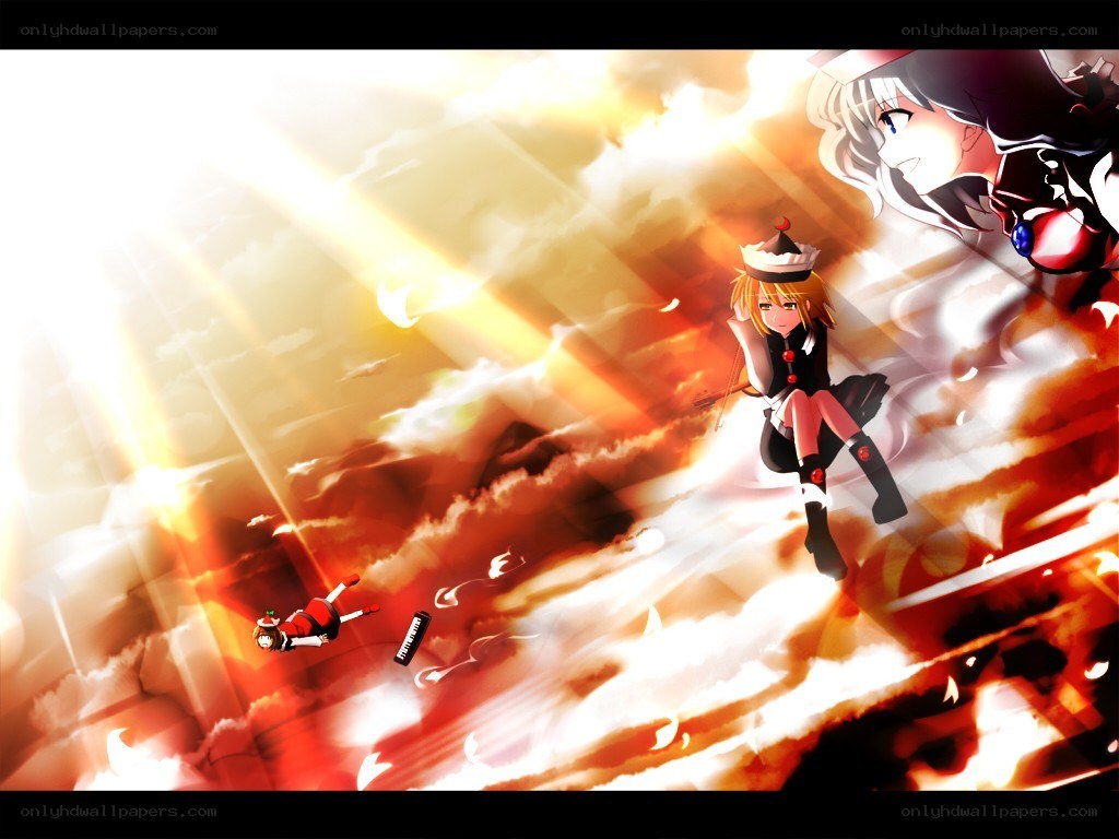 Anime characters in fiery sky