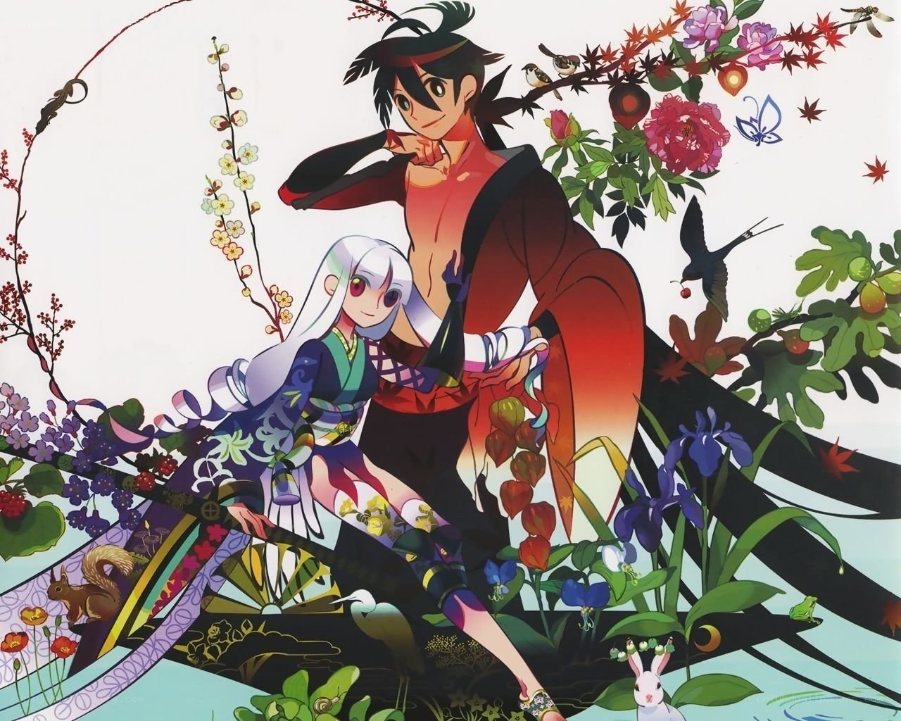 Anime characters in floral garden