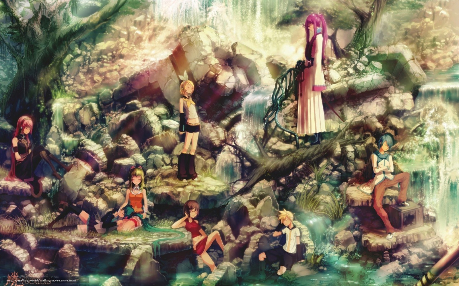 Anime characters in forest clearing