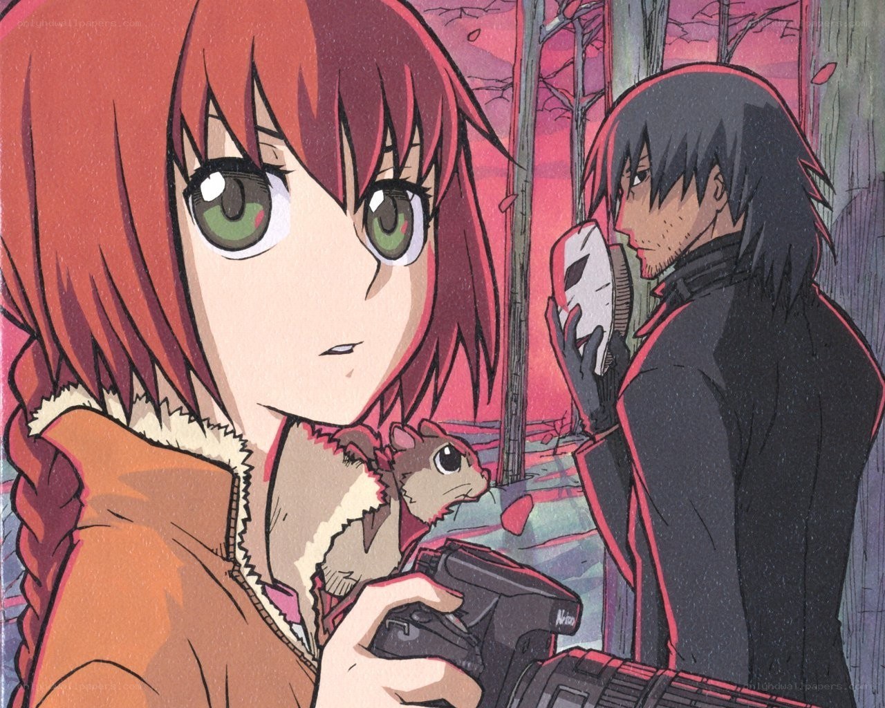 Anime characters in forest scene