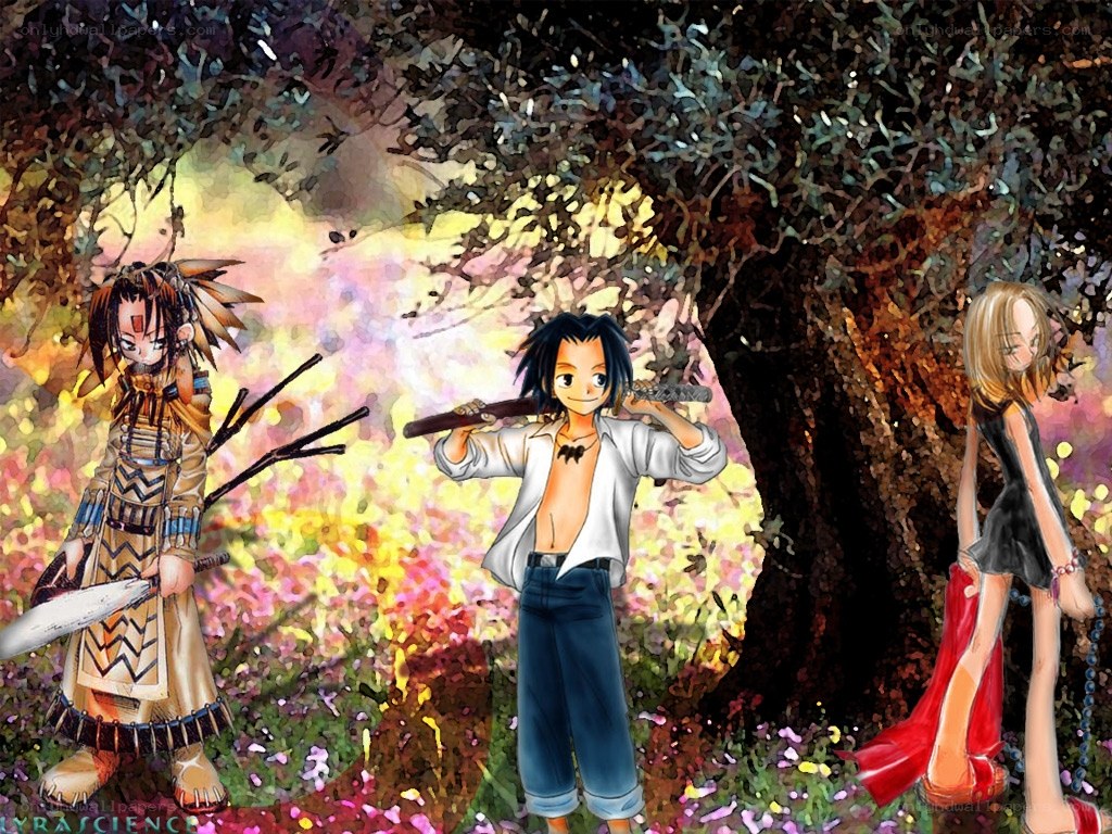 Anime characters in forest scene