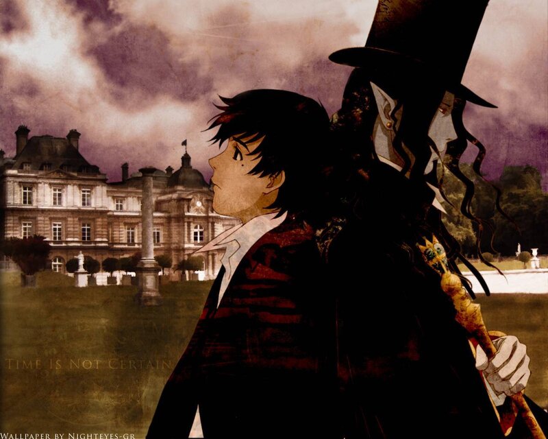 anime characters in front of a mansion
