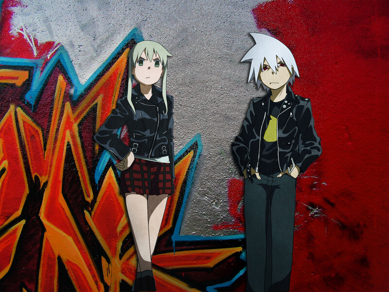 anime characters in front of graffiti