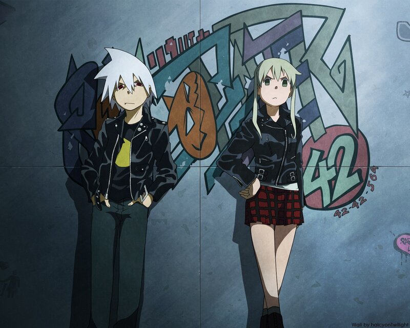 Anime characters in front of graffiti wall