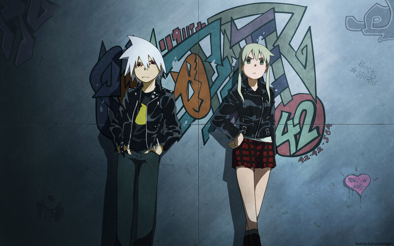 Anime characters in front of graffiti wall