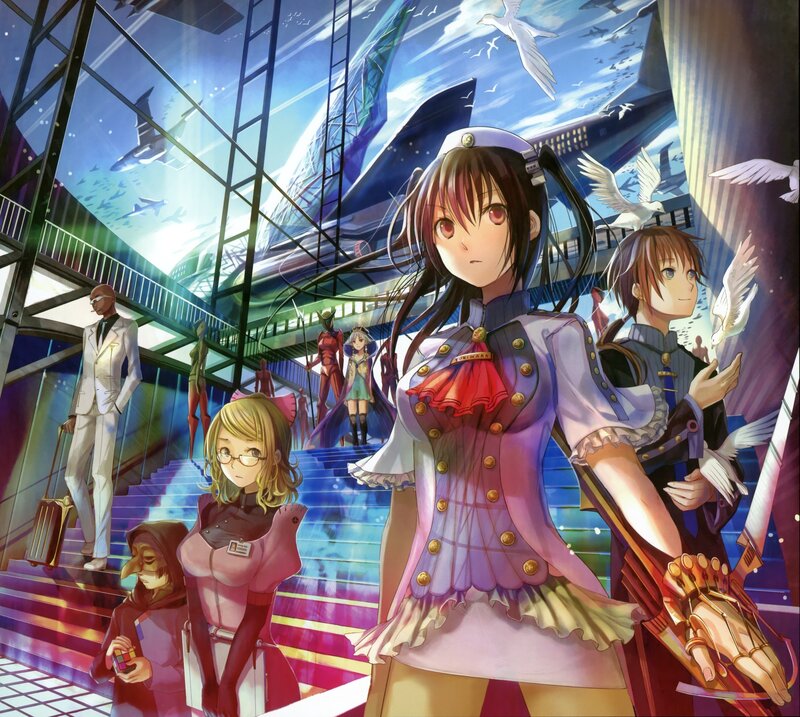 Anime characters in futuristic terminal