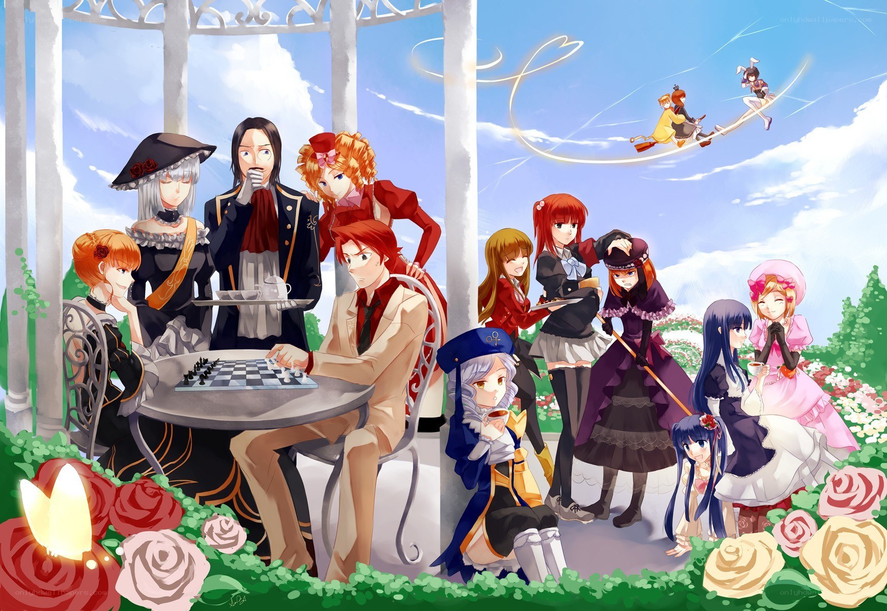 Anime characters in garden scene