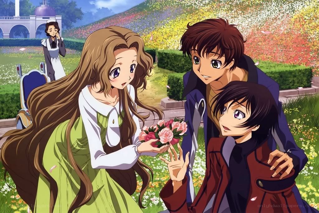Anime characters in garden scene