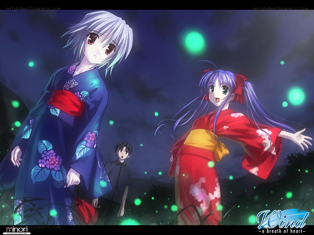 Anime characters in kimonos at night