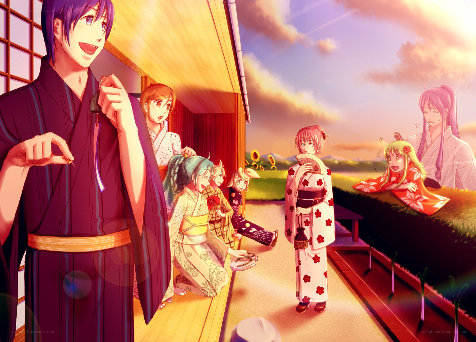 Anime characters in kimonos at sunset
