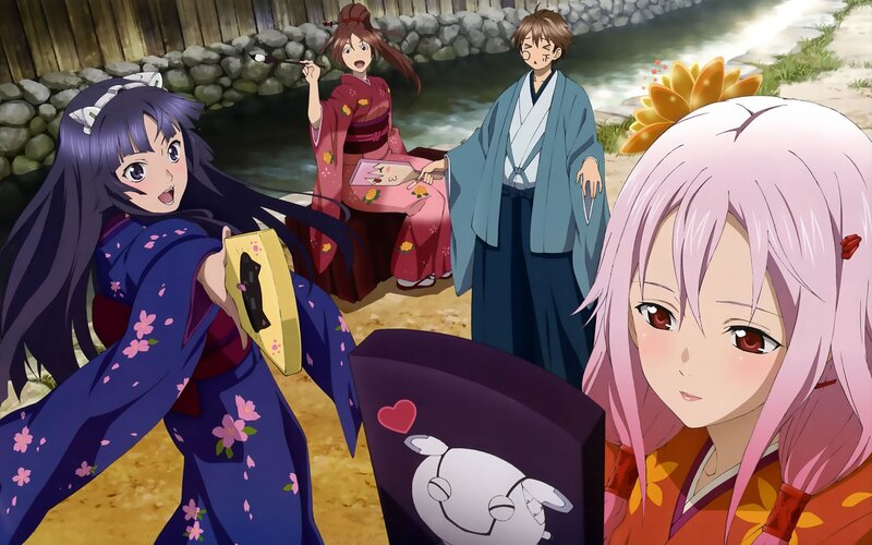 Anime Characters in Kimonos — Purple, Playful, Afternoon, River, Stone Wall, Pink