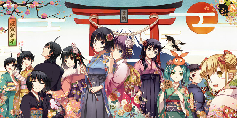Anime Characters in Kimonos — Red, Festive