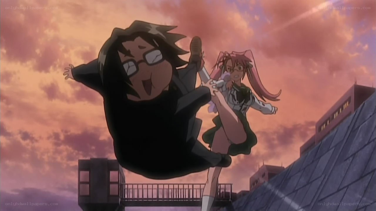 Anime characters in mid-air action