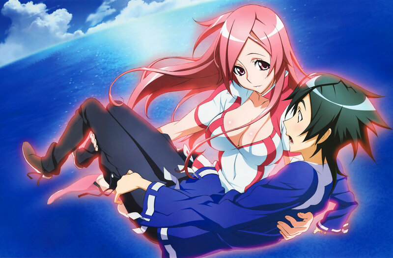 Anime characters in mid-air embrace