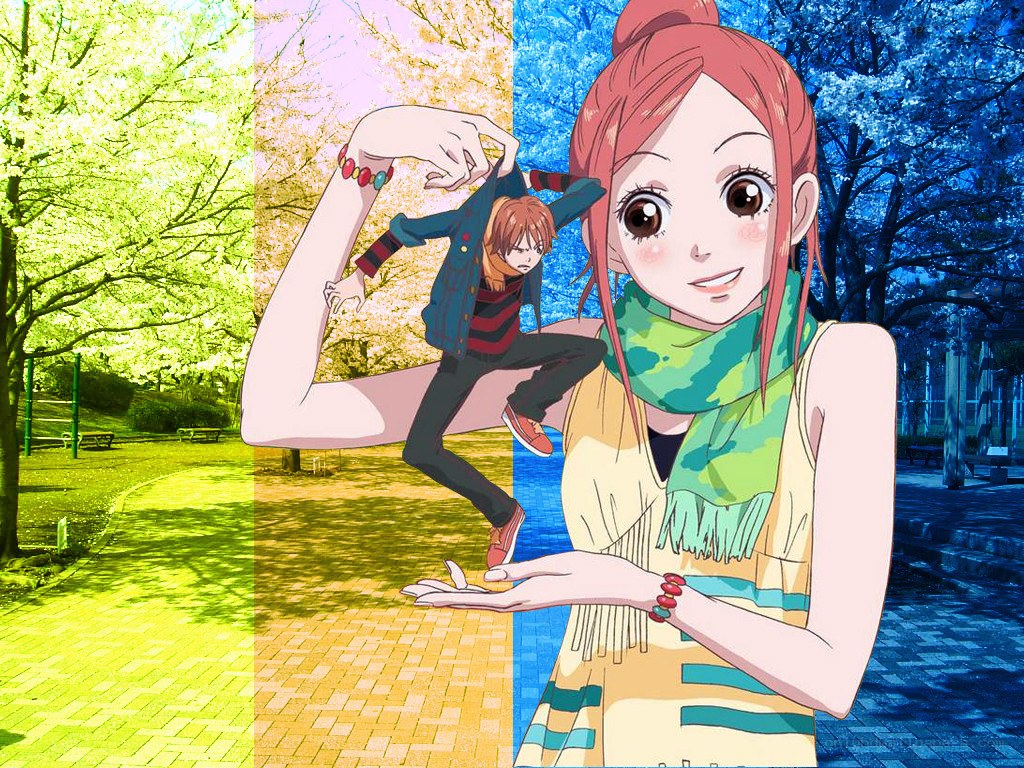 Anime characters in park scenes