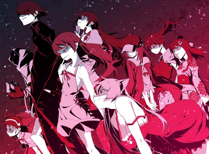 anime characters in pink and red