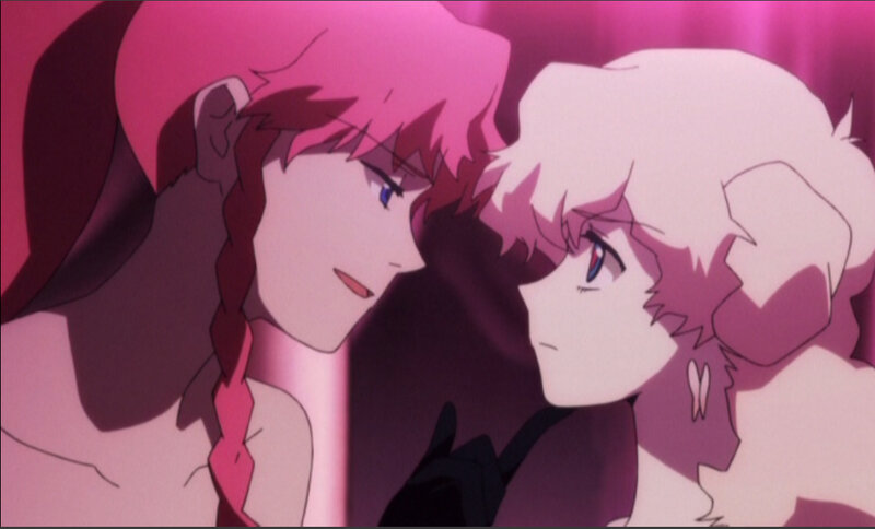 anime characters in pink light