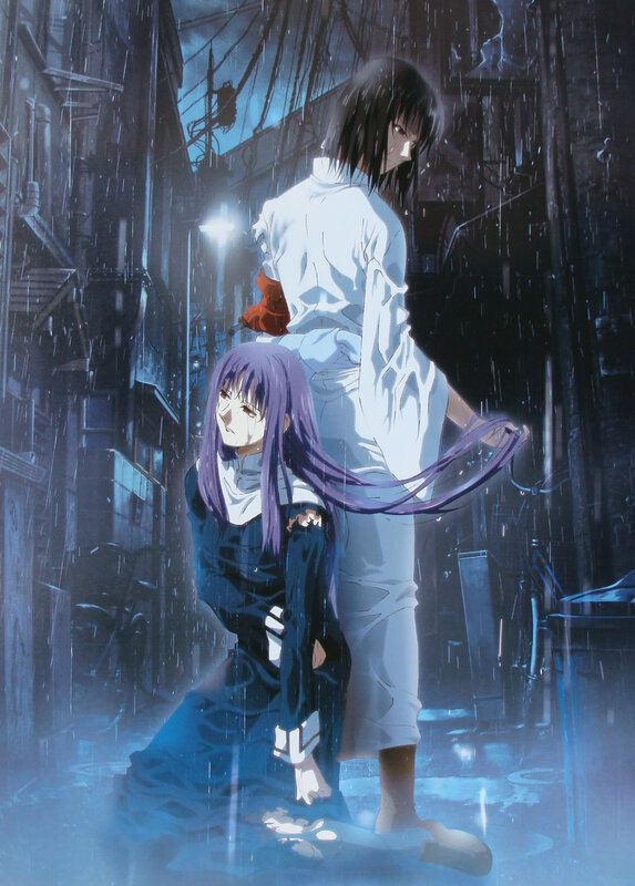 Anime characters in rainy alley