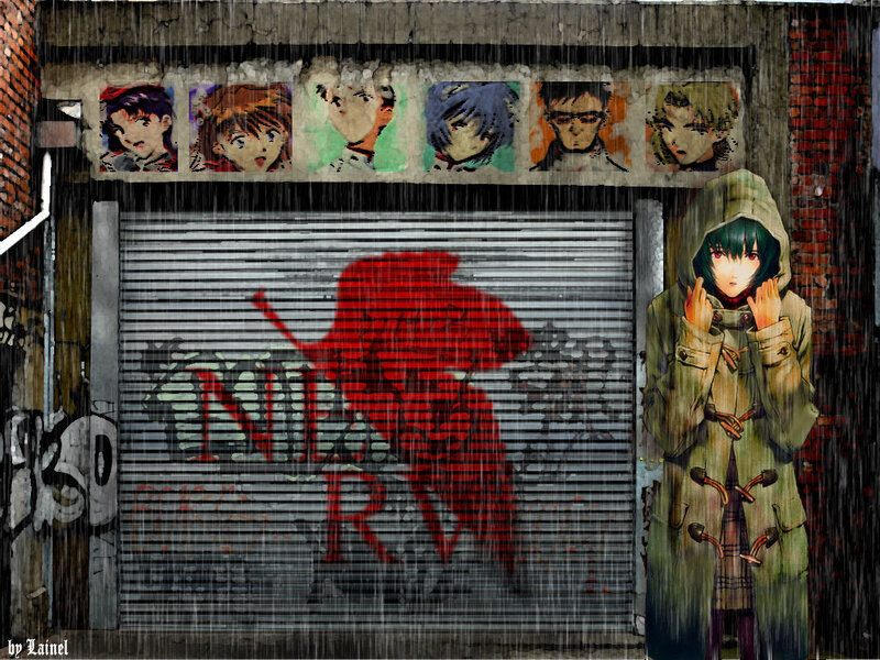 Anime characters in rainy alley