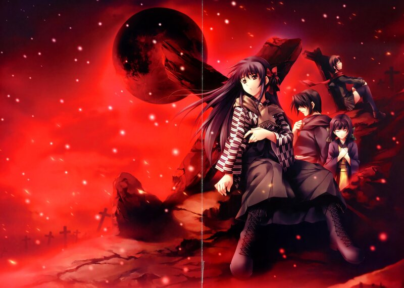 Anime characters in red landscape