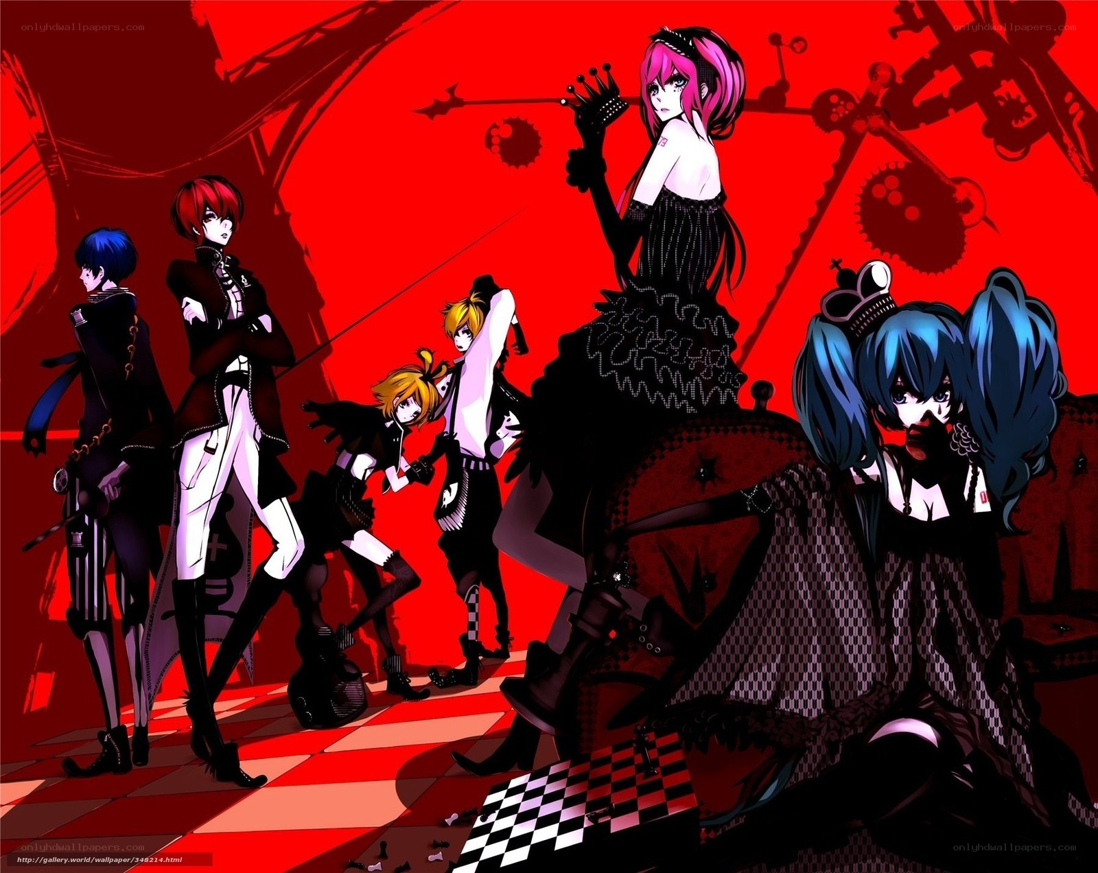 anime characters in red room