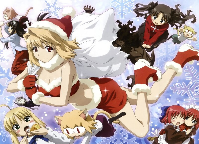 Anime Characters in Santa Outfits — Red, Festive, Winter, Snowflakes