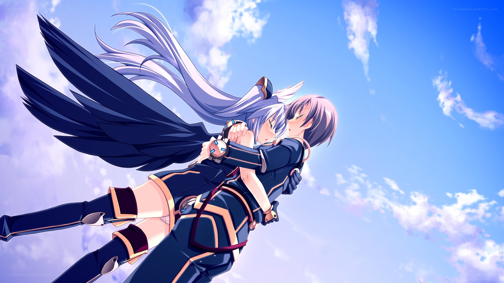 anime characters in sky embrace