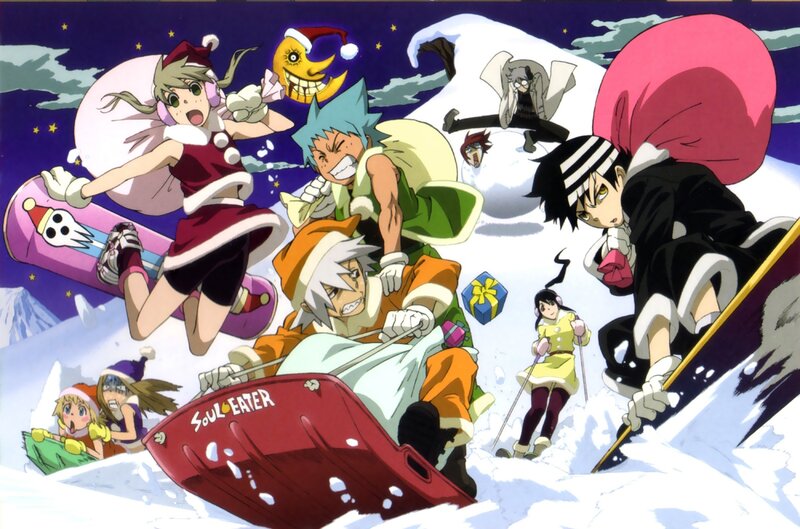 Anime Characters in Snow — White, Chaotic, Night, Sled, Gift Box