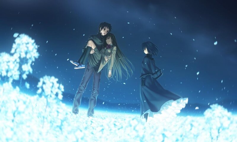 Anime characters in snowy landscape
