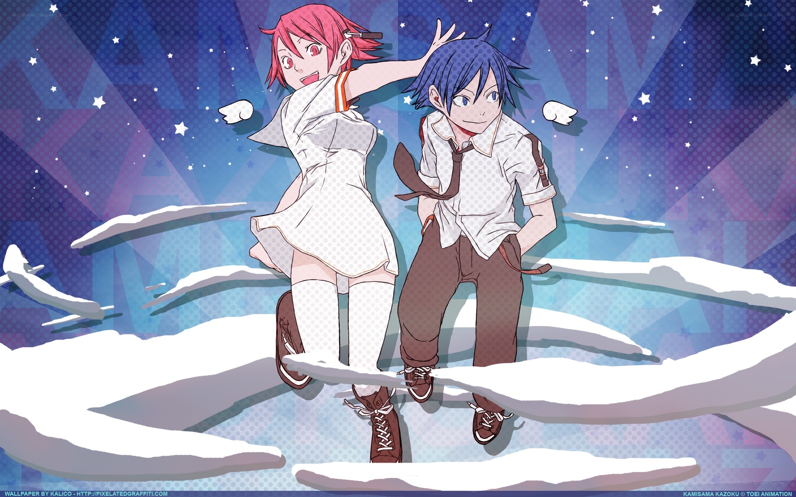Anime characters in snowy sky