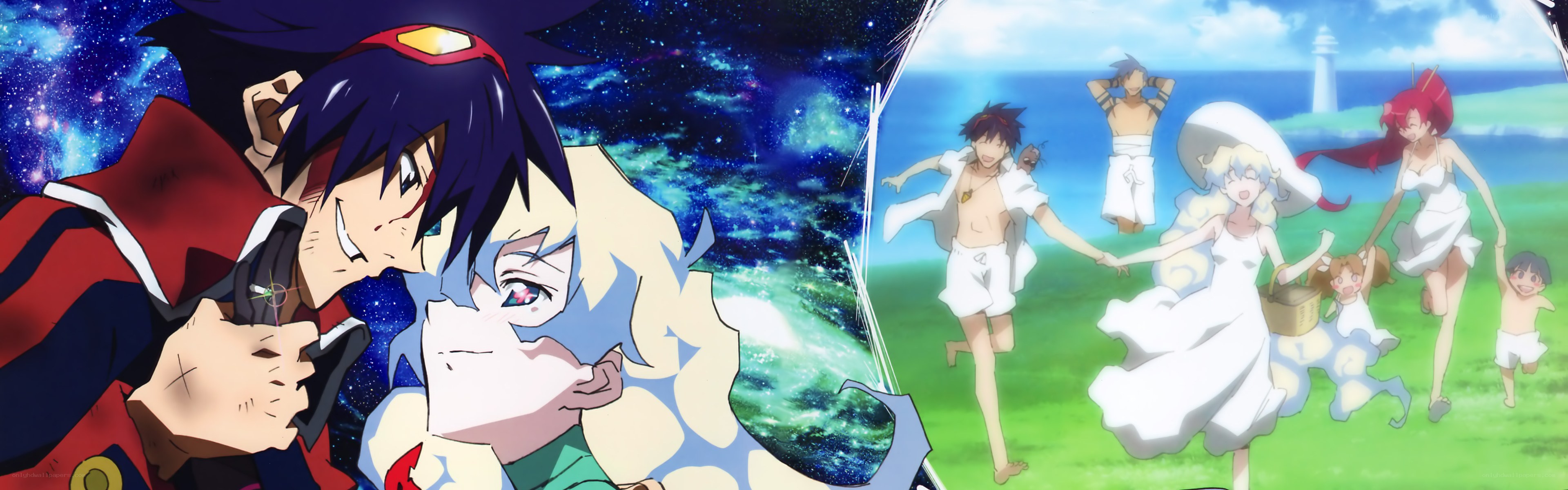 Anime characters in space and on beach