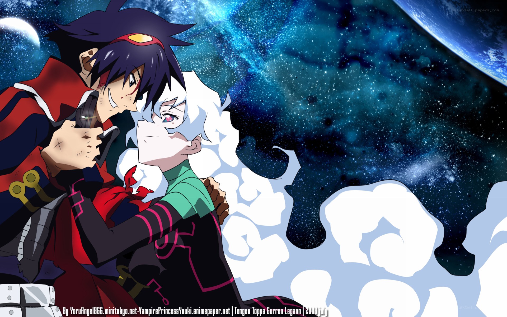anime characters in space embrace