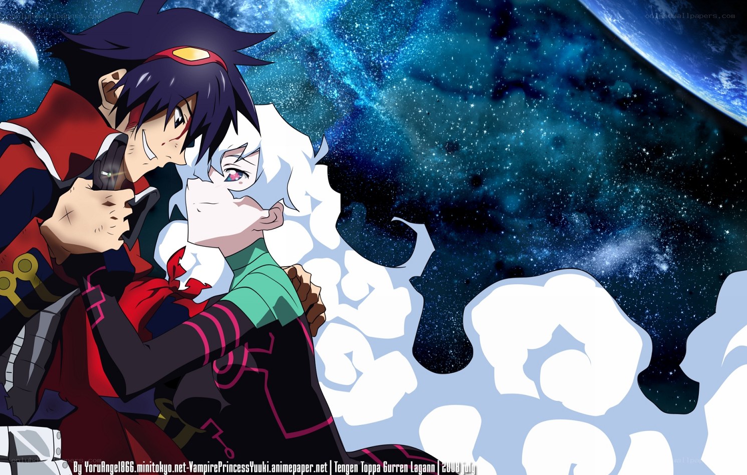 anime characters in space embrace