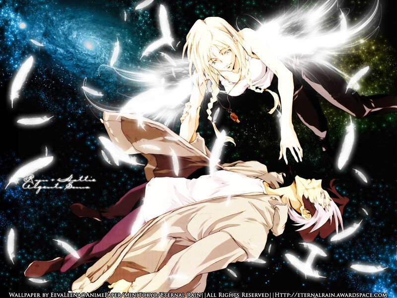 Anime characters in space with feathers